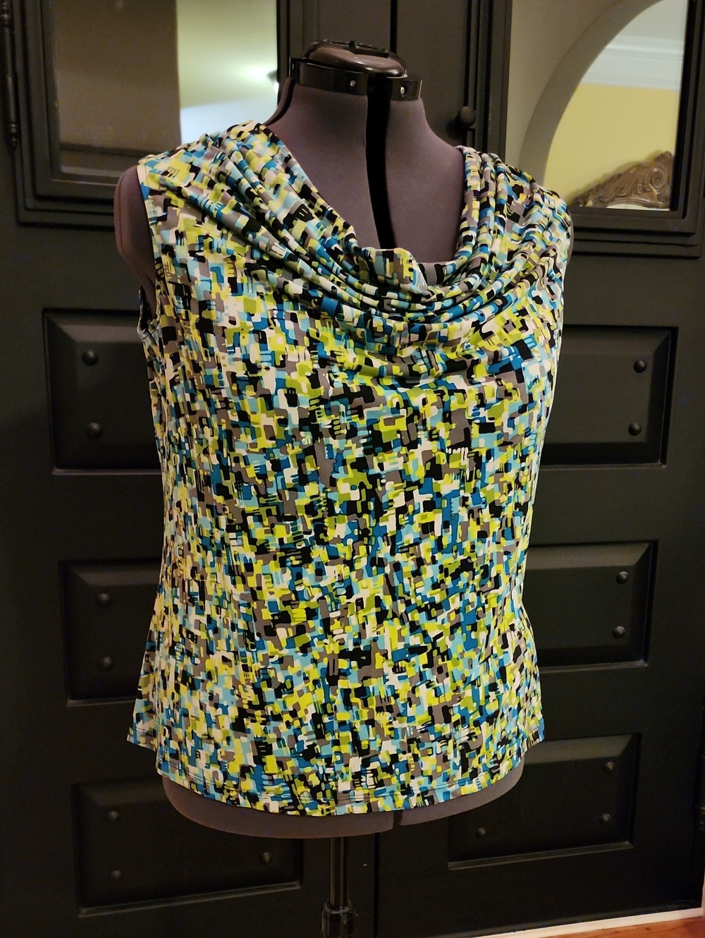 Kasper Geometric Print Cowl Neck Sleeveless Top - Blue, Yellow, Black, Cream